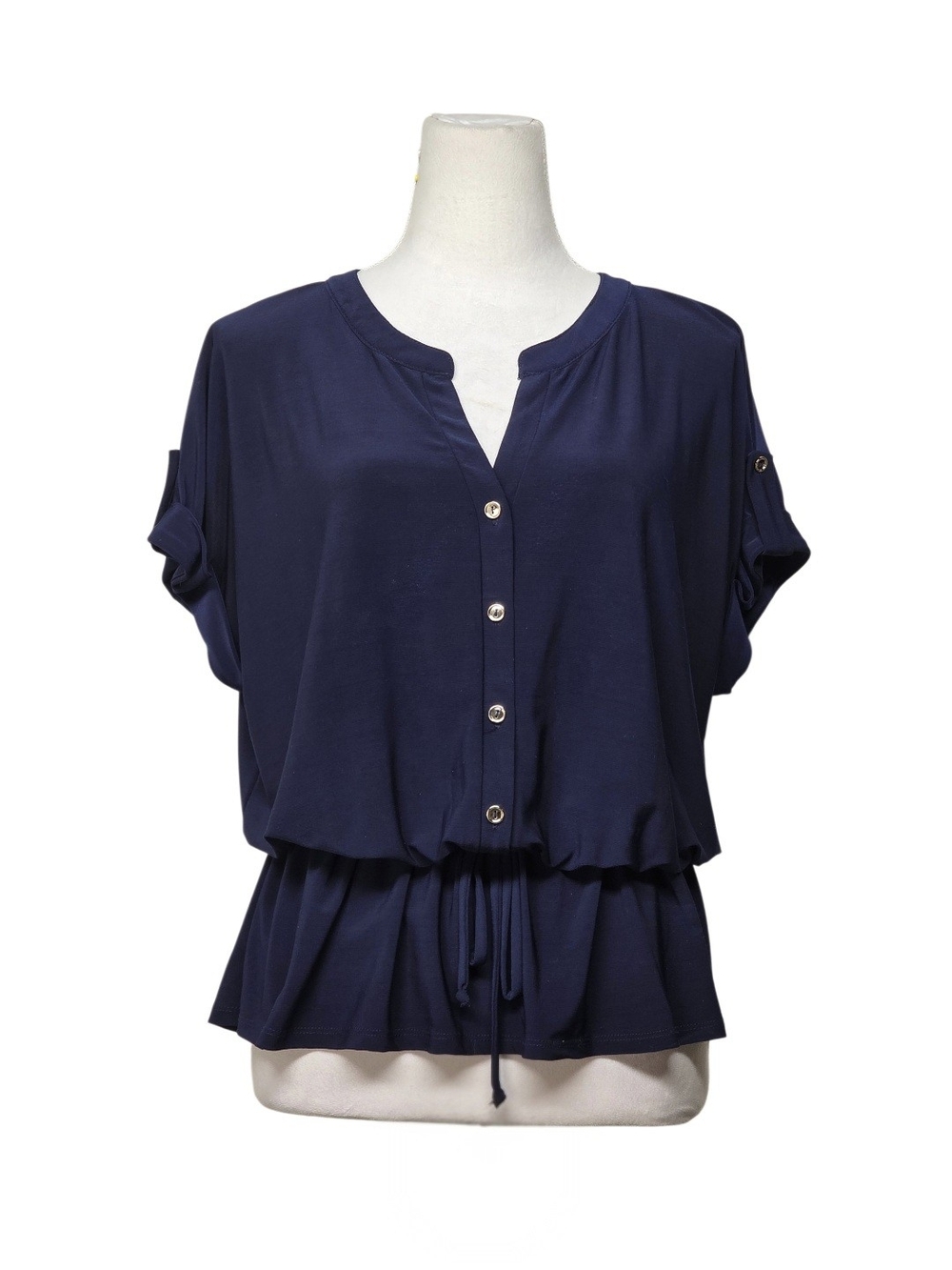 Perseption Navy Blue Button-Front Drawstring Peplum Blouse Size Large